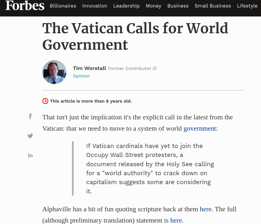 Vatican pushing for one world government?